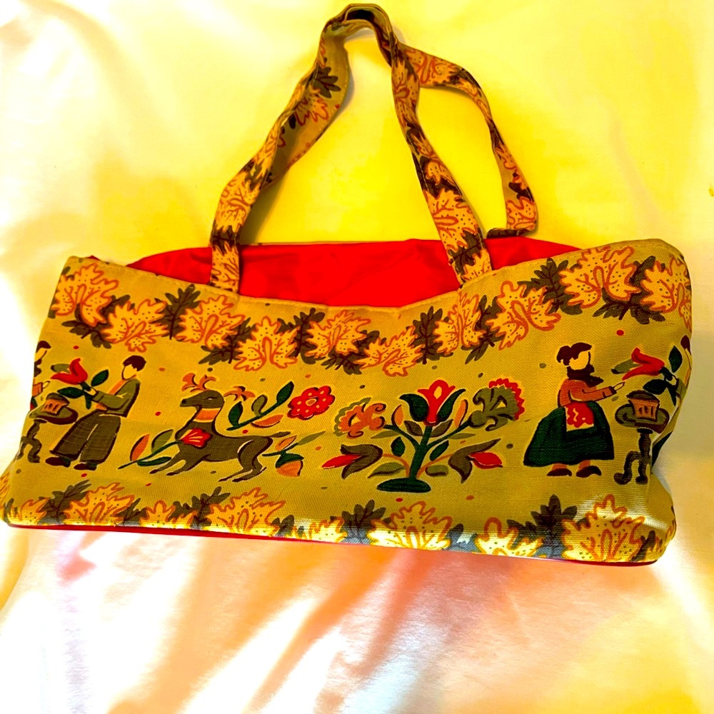 Floral Patterned, Knitting Tote Bag with Red Drawstring and vinyl bottom Vintage